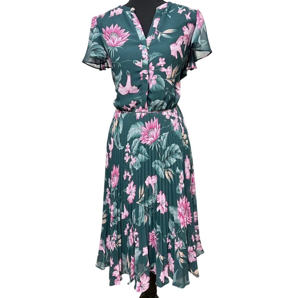 Ann Taylor Floral Pleated Midi Dress Womens 12 Teal Pink Flutter Sleeve
